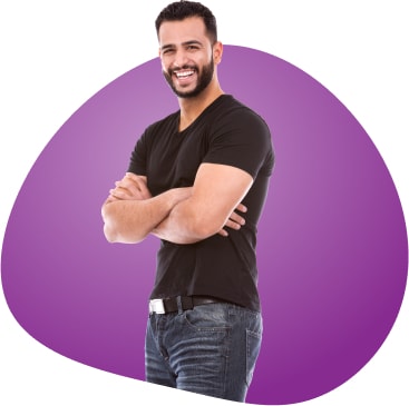 banner of a man smiling background purple